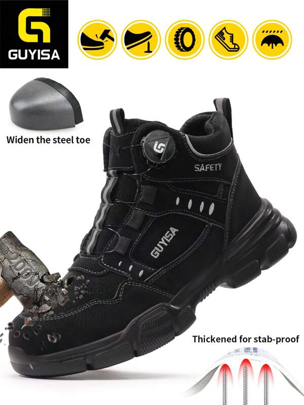GUYISA Steel Toe Safety Shoes, Anti-Smashing Anti-Piercing Rotation Intelligent Buckle One-Second On/Off High-Top All-Season Rubber Sole Work Boots And Construction Boots For Men, Fashion High-Top Safety Boots
