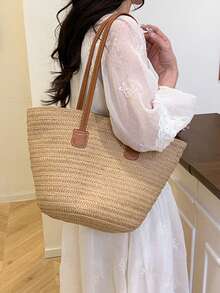 Yogodlns 女士编织篮手拿包顶部手柄包草编便携单肩包夏季沙滩派对钱包购物挎包女式大容量单肩包夏季编织篮手提包时尚沙滩包巴厘岛购物手提包腋下包