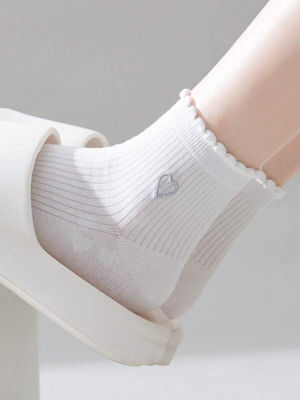 4 Pairs Of Black And White Women's Socks, Silver Flower Love Bow Embroidery Ladies Short Socks Ankle Socks, Daily Casual Sports Wear