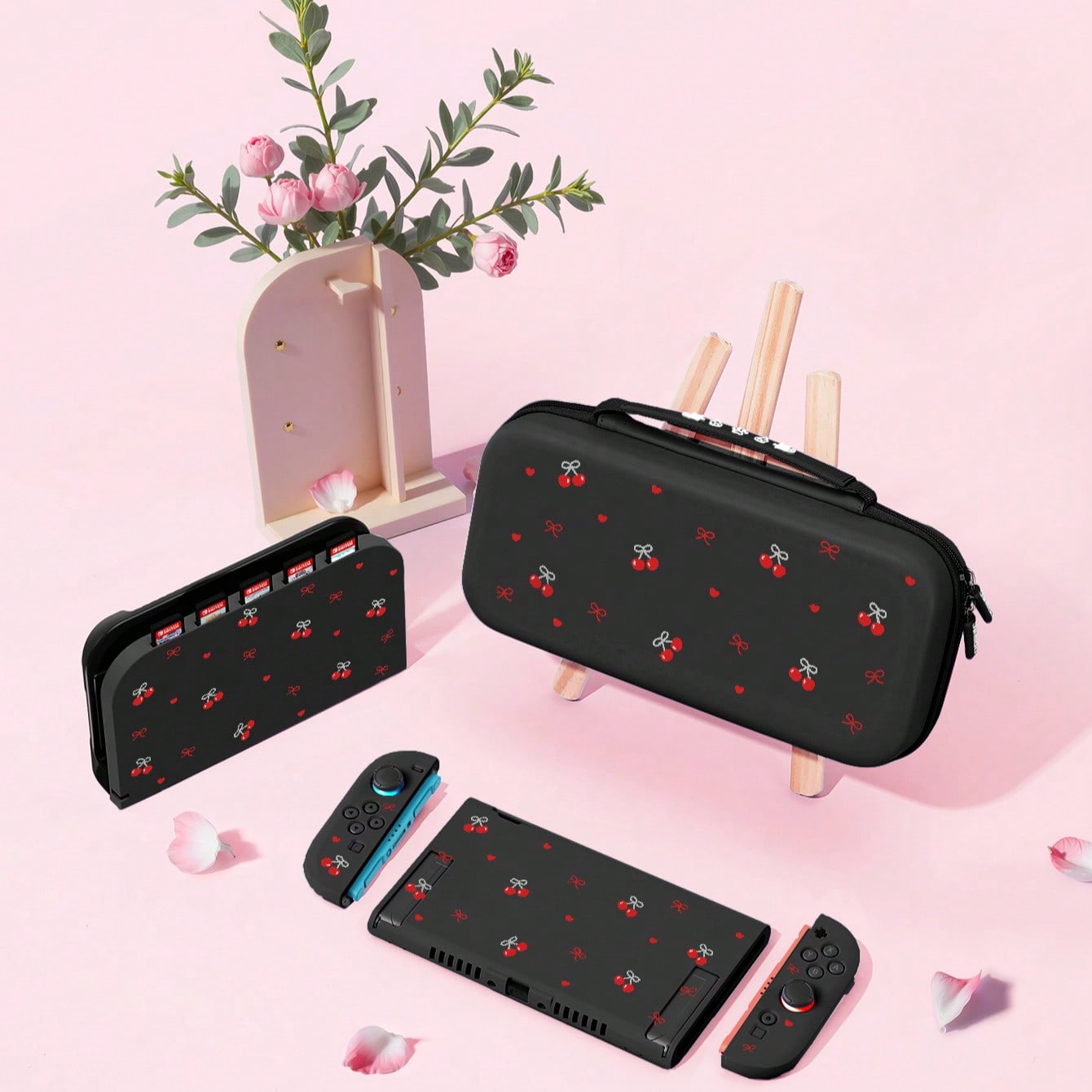 1pc Cherry, Heart, Bow Pattern Protective Case, Compatible With Switch2/Switch NS/Switch OLED/Lite, Compatible With Switch/Switch 2 Game Console Accessories, Full Set Including Storage Bag, Card Slot Base, Switch Protective Cover, Best Gift Compatible With Switch Players