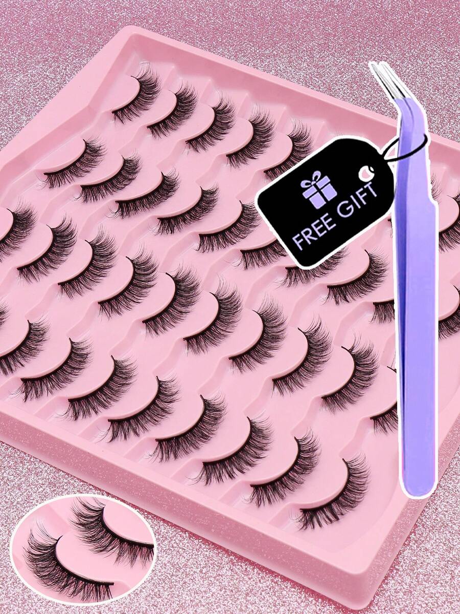 20 对自然假睫毛和紫色睫毛镊子，柔软 3D 水貂睫毛，长短延长，佩戴舒适，手工制作的睫毛翼，尾眼拉长，自然逼真的浓密睫毛 - 自然纖長款 - 查看 1