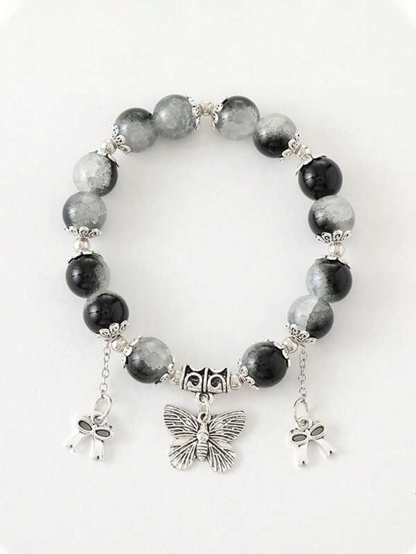 1 Peça Pulseira Fashion de Contas de Vidro com Pingente de Borboleta, Design Delicado de Craquelar