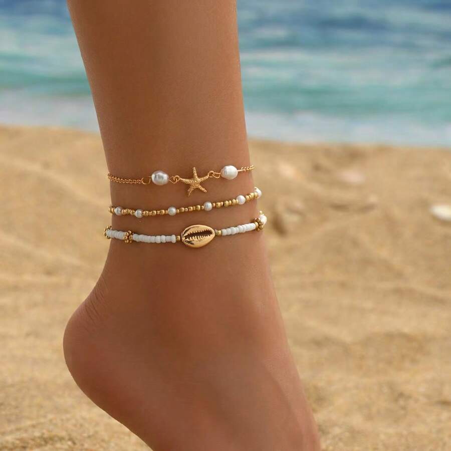 1 Set de cadena para tobillo con diseño de perlas, conchas y estrellas de mar de estilo dulce oceánico, de varios niveles, para mujer, para vacaciones en la playa/fiestas en la piscina