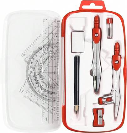 Math Geometry Kit Sets 10 Piece Student Supplies With Shatterproof Storage Box,Includes Rulers,Protractor,,Eraser,Pencil Sharpener,Lead Refills,Pencil,Drafting And Drawings(Black)