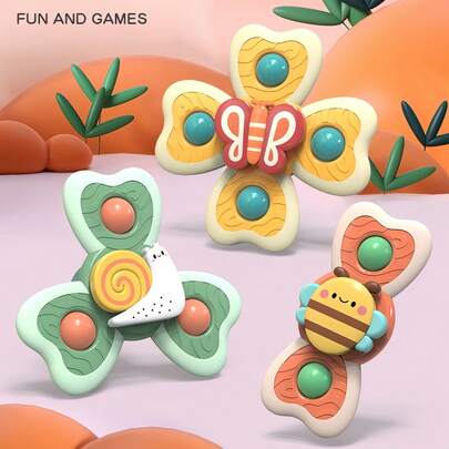 3Pcs/Set Baby Insect Bath Toys With Suction Cups, Cartoon Animal Style Rattle Spinner Sensory Toys, ABS Material, Rotating Windmill Design For Bathtub Wall, Early Education Fine Motor Toy For Toddlers Boys Girls Gift Indoor Water Play