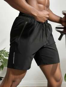 Shorts Atléticos Masculinos de Secagem Rápida com Bolsos com Zíper, Calções De Praia De Secagem Rápida,Atividades Ao Ar Livre No Verão, Treino Na Academia, e Relaxamento Em Casa - Preto - Visão 1