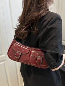 SHEIN BAE 复古百搭皮革装饰拉链吊带腋下法棍包，新款纯色PU皮革女士小手提包 - 紅色 - 查看 2