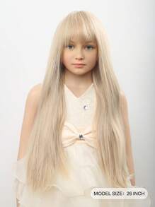 儿童长款金色直发假发，带刘海的儿童金色假发，女童浅金色长款假发，合成假发
