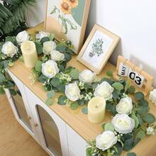1pc 1.8m / 2.2m Artificial Eucalyptus Flower Garland, With Flowers, 6 /10 White Rose Vine Flower Garland, Home Decoration, Artificial Vine, Green Plant Flower Garland, Wedding Party Center Decoration, Table Decoration, Pipe Decoration - White - View 8