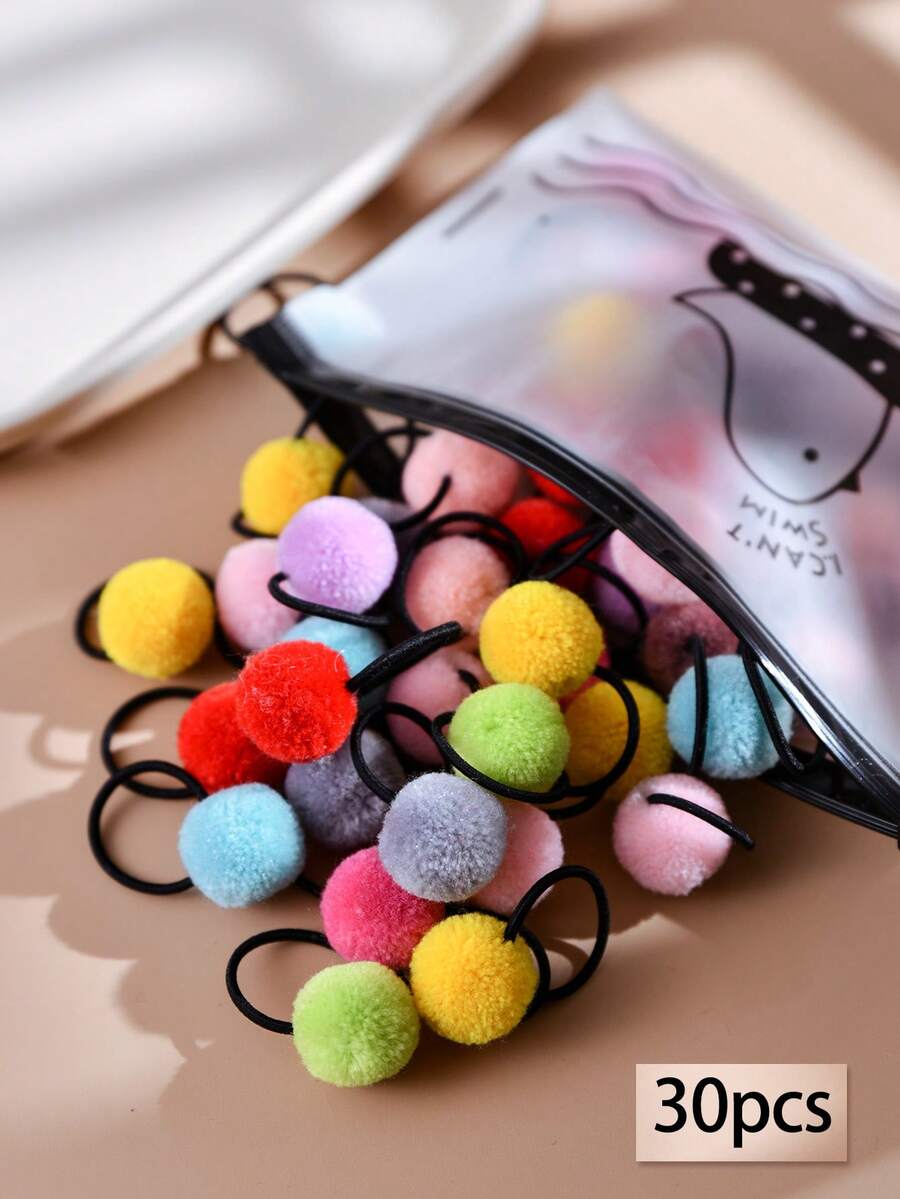 30 件女士彩色蓬松绒球发带高弹力黑色马尾辫夹发饰、马尾辫夹、发圈、发绳、橡皮筋、头饰 - 彩色 - 查看 1