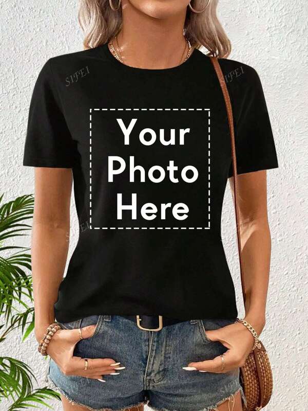 Camiseta feminina de manga curta personalizada, design gráfico personalizado, envie sua foto/logotipo/pôster/foto de família/foto da equipe da empresa, camiseta feminina primavera/verão, presente de Dia dos Namorados, presente de aniversário, traje para festival de música, traje para casamento/festa, camisa cultural, presente de feriado, personalização de uniforme de equipe, blusas de verão, traje personalizado para grupo de caridade