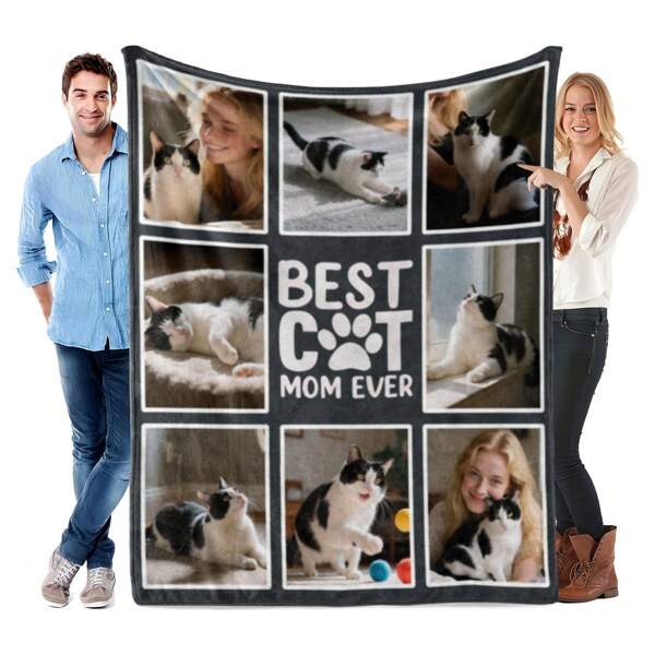 1pc Personalized Throw Blanket With Photo, Customized Cat Mom Blanket, Best Birthday, Anniversary And Holiday Gift For Friends, Lovers, And Pet Owners