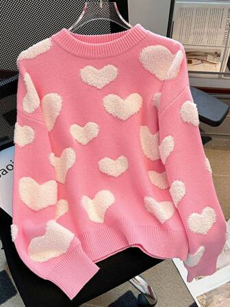 Suéter holgado elegante con decoración de corazón, adecuado para otoño/invierno y el Día de San Valentín