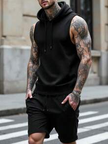 2pcs/Set Men Hooded Tank Top And Drawstring Shorts Casual Suit - Black - View 1
