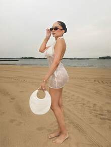 Melissa Matos Summer Beach Fairycore Wedding Party Sexy Sequins Fabric Cold-Shoulder Backless Mini Dress For Women, Tea Party Dress, Summer Dresses For Women - Apricot - View 3