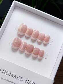 10 Pieces Of Pure Handmade Wearable Nails With Short Square Nail Shape, Hand-Painted Pink Cat Eye French Nails, High-Quality Simple Design Nails,2K Nails, Unique And Niche Creative Fake Nails, Cute Modern Style Nails, Daily Use, Summer And Spring Nails, Detachable Wear And Reusable, Press Nails Hand-Made,-Pressed Nails. Press On Nails Nail Supplies Nails - Multicolor - View 7