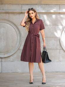 Shirt With Side Slits, Collar, Short Sleeves, Cutout And Lapels, Patch Pocket, Midi Length - 咖啡棕 - 查看 3