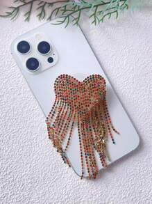 1pc New Creative Tassel Heart Nail Adhesive Universal Phone Holder, Crystal Telescopic Air Cushion Phone Stand, U Shape Finger Ring Grip, Elegant High-End Rhinestone Tassel Stand For Women Compatible With IPhone, Android Phone, Gift For Birthday, Family, Friends Phone Accessories