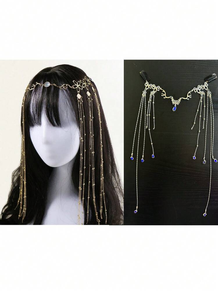 1 Peça Acessório de Cabeça Elegante com Corrente e Borla, Corrente de Cabelo, Joia de Cabeça, Joia de Cabelo, Acessório de Cabelo, Casamento, Traje de Festival, Acessórios de Rave, Acessórios de Cabelo, Noiva - Dourado - Visão 15