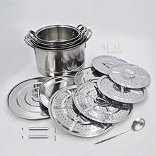 Juego de ollas de 4 piezas, juego de ollas para sopa, juego de utensilios de cocina, juego de ollas para sopa de acero inoxidable, utensilios de cocina multifuncionales, acero inoxidable, gran capacidad, multifuncional, herramientas de cocina, utensilios de cocina con tapa, olla con tapa, equipado con cuchara para sopa, vaporera extraíble, olla de cocina para el hogar, accesorios de cocina, duradero y fácil de limpiar, adecuado para cocinar, cocinar al vapor y freír, adecuado para el hogar, restaurante, escuela, viajes (plata) - Plateado - Ver 4