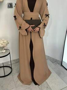 SuofeiMan New Stylish Middle Eastern Minimalist Bow Abaya, Khaki Solid Color Casual Soft Comfortable Jacket With Belt, Festival Robe, Daily Matching Dress
