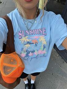 1 pieza Camiseta de cuello redondo de manga corta estampada de colores casual para niñas, ropa de verano para estudiantes y jóvenes - Estampados vibrantes que inspiran la imaginación y la autoexpresión