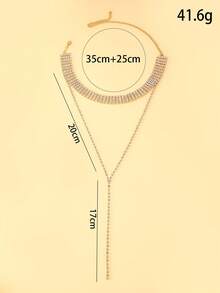 1 pieza Collar en forma de Y con capas múltiples, de diamante y borla dorado para mujer - Dorado - Ver 4