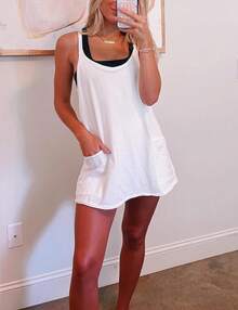 Women's Summer Sleeveless Mini Dress With Built-In Shorts - 白色 - 查看 5
