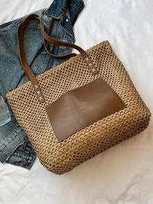 Bolso de paja tejido de moda clásica, bolso de hombro casual minimalista de gran capacidad - Caqui - Ver 5