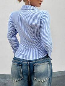 French Style Slim Fit Blue And White Striped Long Sleeve Elegant Office Wear Blouse For Women Shirt Top Casual Commute Fashion Women's New Autumn Clothing Baby Blue Fall Women Clothes Business Casual Woman Button Up Shirt Women - Baby Blue - View 2