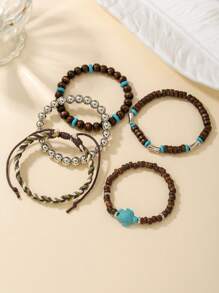 5pcs/6pcs Set Vintage Bohemian Wooden Bead, CCB, Zinc Alloy, Resin Leaf, Turtle, Infinity Symbol Elements Handmade Braided Bracelet Set Suitable For Men And Women, Daily, Beach, Holiday Wear