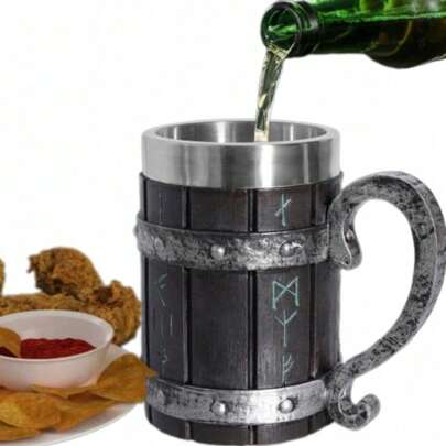 Tragbarer 600-ml-Bierkrug Mit Henkel, Fassbierkrug Aus Edelstahl 304, Vintage-Wikinger-Stil, Fassbecher Aus Bambusharz-Imitat Für Wasser, Saft, Kaffee, Wein, Bier, 15 X 8,3 Cm, Schwarz