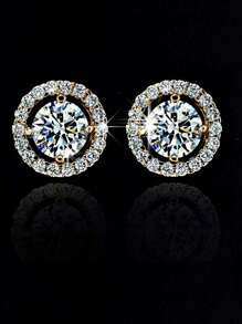 1 Pair Luxury Classic Round Micropave White Cubic Zirconia Stud Earrings, Women's Chic Jewelry