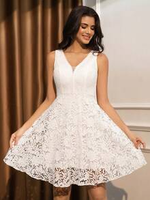 Elisanya Váy dự tiệc quà tặng cô dâu cho nữ, váy ngắn cổ chữ V không tay bằng vải ren thêu, phù hợp làm váy dự tiệc - trắng - Xem 7