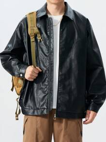 Plus Size PU Leather Jacket, Black Lapel Biker Leather Coat, Suitable For Autumn & Winter