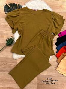 Ruffle Sleeve Blouse And Trousers Set - Khaki - View 2