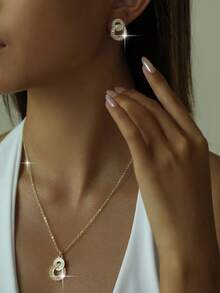 1set/3pcs New Roman With 8-Shaped Numeral Earrings Gold Plated Color Luxury Cubic Zirconia Necklace Earring Set Female Charm Jewelry Gift For Daily Wear And Festivals - Yellow Gold - View 2