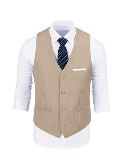 Men's Formal Vest, Wide Pockets, Solid Color, Suitable For Business, Party, Wedding And Other Occasions, Champagne Color, Size XS-XXXL