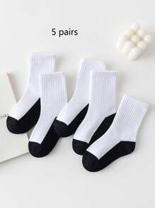 5 pares de calcetines para niños/estudiantes de color contrastante, calcetines casuales de media pantorrilla con alta elasticidad, aptos para todas las estaciones, negro/blanco/gris