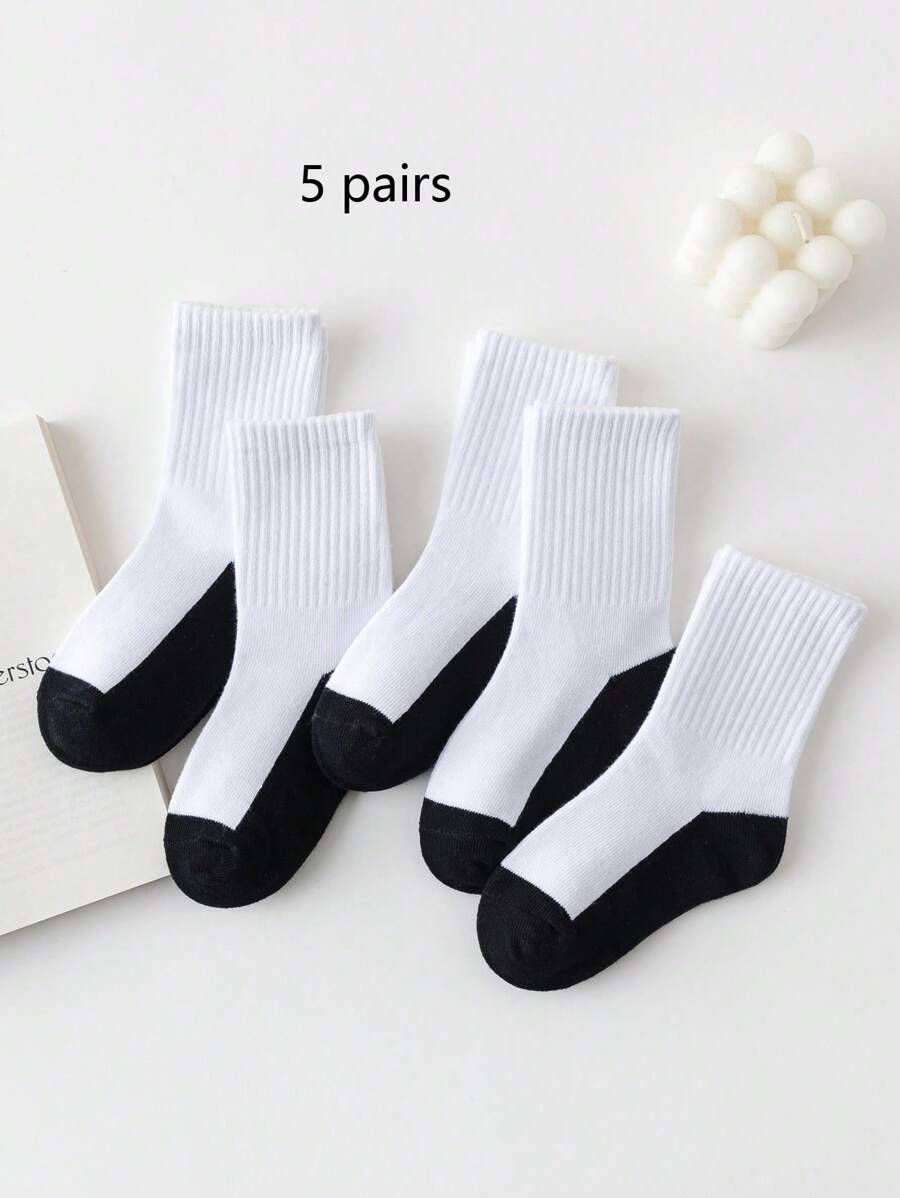 5 pares de calcetines para niños/estudiantes de color contrastante, calcetines casuales de media pantorrilla con alta elasticidad, aptos para todas las estaciones, negro/blanco/gris