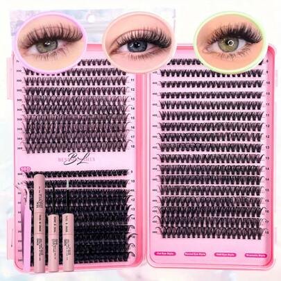 740 Cluster DIY Eyelash Book Kit, Including Adhesive And Sealant, Tweezers, Reusable Lightweight Eyelashes, Perfect Makeup Gift For Beginners (30D+40D+50D 9-18mm Mix)