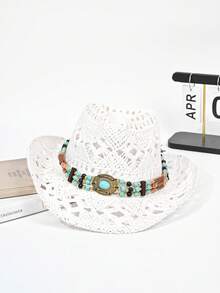 1pc Women's Khaki Wavy Striped Bow Beach Sun Hat, Elegant For Seaside Travel Holiday - MZ3001 - View 10