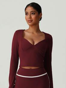 Women's Slim Fit Deep V Neck Thumb Buckle Outdoor Casual Sports Long Sleeve T-Shirt For All Season - Red Violet - View 3
