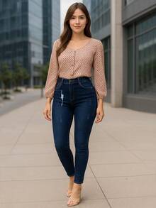 Jeans skinny stretch de mezclilla azul oscuro para mujer, cintura alta con detalles desgastados, levanta glúteos, estilo casual elegante - Azul - Ver 3