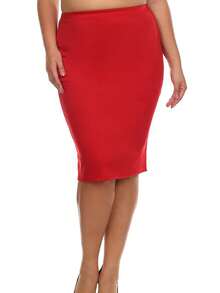 Plus Size Casual Solid Pencil Midi Skirt  Elegant  Casual - 紅色 - 查看 1