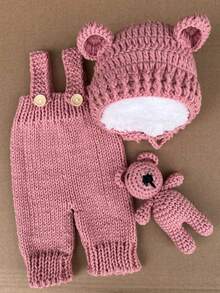 Newborn Photography Clothing Hand-Knitted Suspender Jumpsuit Costumes And Bear Ear Hat Teddy Bear Dolls Decor Outfits - 彩色 - 查看 13