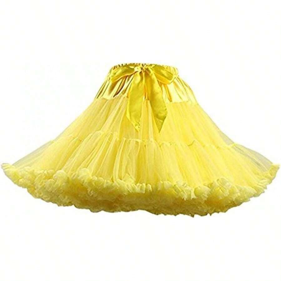 Womens 3-Layered Pleated Tulle Petticoat Tutu Puffy Party Cosplay Skirt - Màu vàng - Xem 1