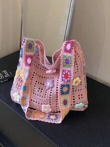 Dedoo Bohemian Style Women's Tote Bag, Large Capacity Open-Top Handbag, Beach Bag, Travel Accessory, Woven Texture, Suitable For Work, School, Beach, Crochet, Holiday (Flower Color/Position Random) (Strap Color/Pattern Random) - Pink - View 6