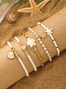 5/3pcs Elegant Starfish, Sea Turtle & Shell Shaped Pendant Bracelet Set, Bohemian Style Jewelry, Suitable For Women's Everyday Wear, Summer Holiday, Beach Party, Bikini, And Ideal Holiday Gift