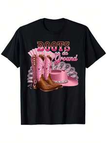 Camiseta gráfica de vaquero del oeste "Boots On The Ground" - Diseño vintage de botas de vaquero con piedras de rhinestone y sombrero rosa, 100% algodón 180gsm, ajuste regular S-XXXL, ropa casual de calle para todas las estaciones para hombres y mujeres, accesorios vaqueros, fans de música country, tela duradera, camiseta de manga corta de algodón puro al 100%, esencial para verano y primavera, cuello redondo suelto y casual, camiseta con estampado de letras para hombres, adecuada para entusiastas del deporte - Negro - Ver 1